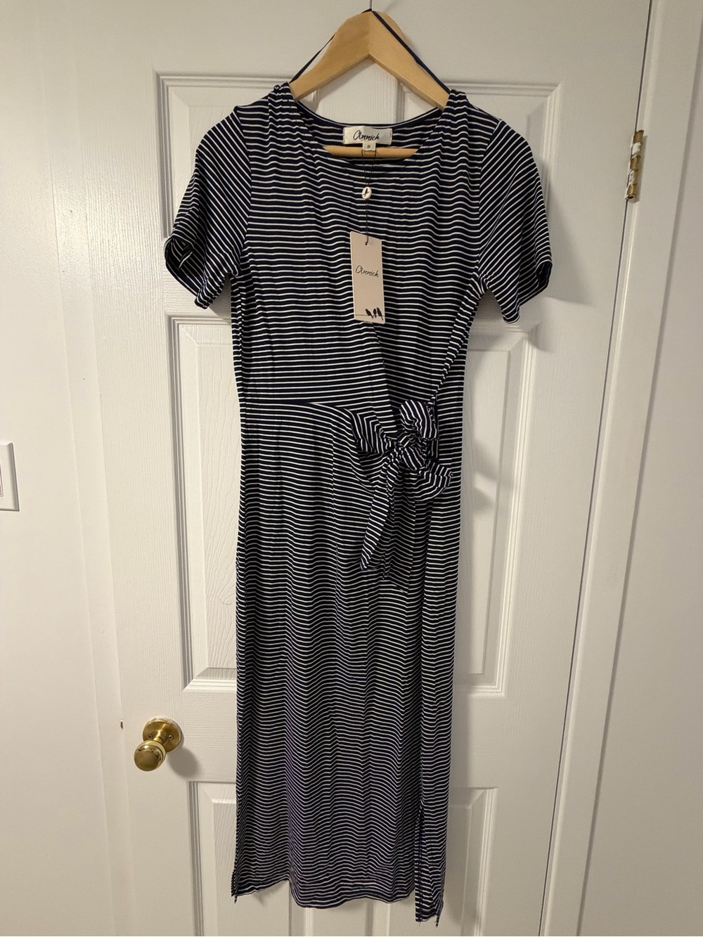 Striped Navy & White Maxi Dress with Waist Tie - S